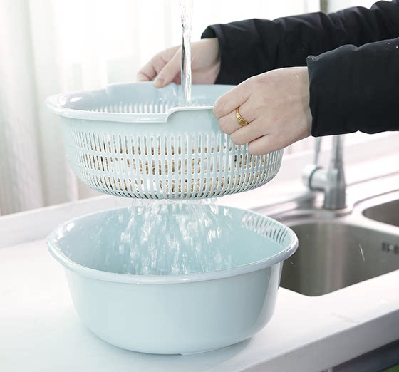 Vegetable basin plastic double-layer drain basket leaking basin rice washing artifact dish blue washing vegetable basin home kitchen washing fruit plate