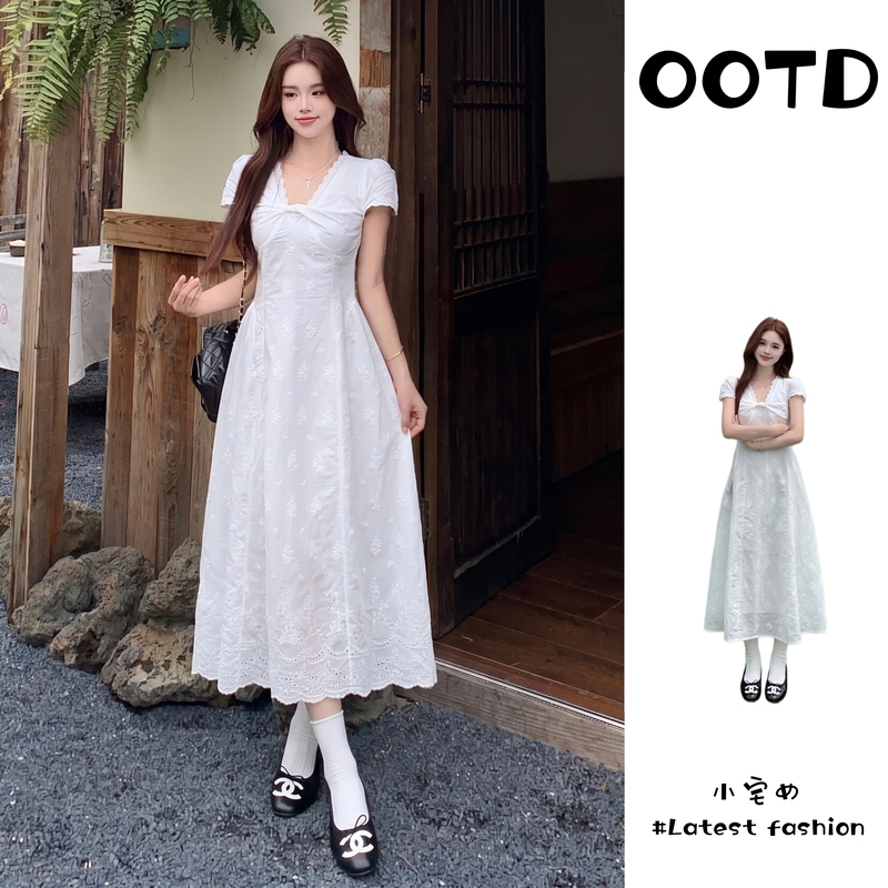 Plus-Size Fat Girl's First Love Style V-Neck Slim Waist White Dress for Women 2026 Summer Korean Lace Splicing Dress Plus-Size Fat Girl's First Love Style V-Neck Slim Waist White Dress for Women 2026 Summer Korean Lace Splicing Dress