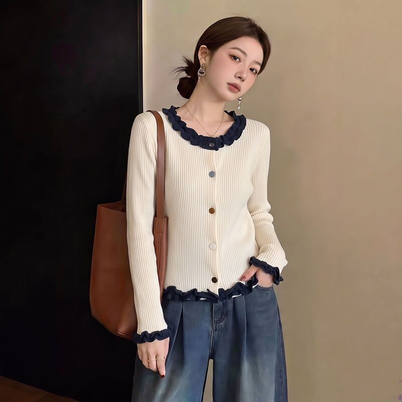 Girly Lace Collar Color-Blocked Knitted Cardigan for Women, Early Autumn New Style, Plus-Size French Style, Age-Reducing, Super Pretty Top Girly Lace Collar Color-Blocked Knitted Cardigan for Women, Early Autumn New Style, Plus-Size French Style, Age-Reducing, Super Pretty Top