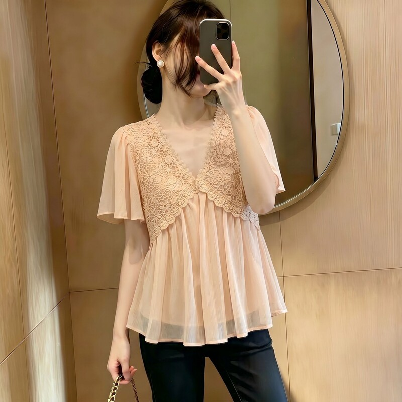 Pink V-Neck Lace Patchwork Short-Sleeved Shirt for Women Plus Size Plus Size Summer French Style Fashionable and Beautiful Top Pink V-Neck Lace Patchwork Short-Sleeved Shirt for Women Plus Size Plus Size Summer French Style Fashionable and Beautiful Top