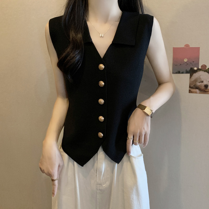 High-End Black Sleeveless Vest with a Lapel for Women, Summer Plus Size, Elegant and Slimming Outerwear Vest Top