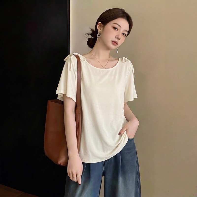 Bow Tie Simple Style Short-Sleeved T-Shirt for Women in Summer, Plus Size Korean Style, Beautiful and Slimming Top for Slightly Chubby Girls