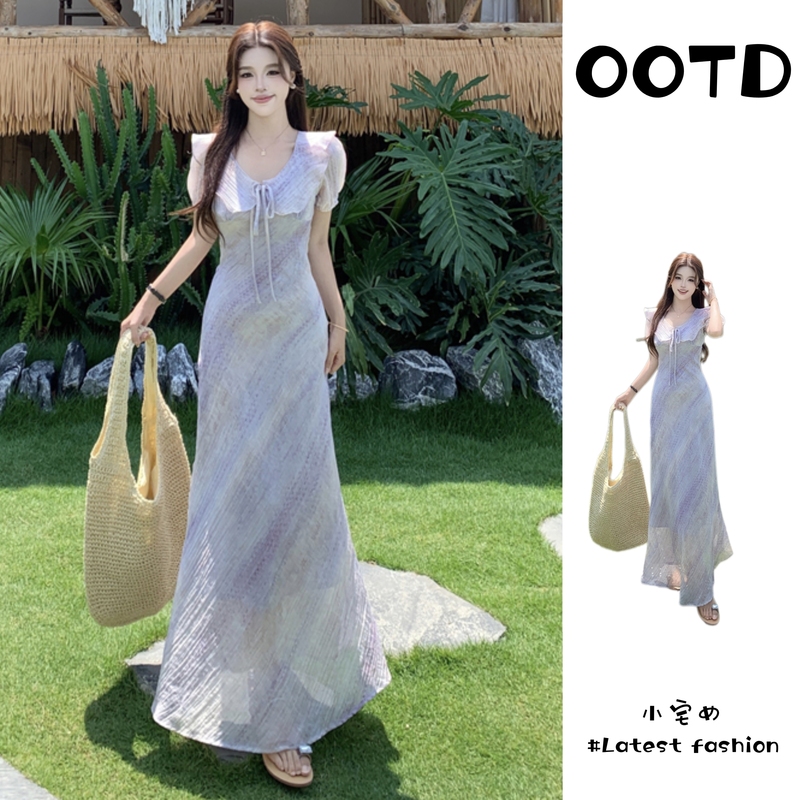Purple Ruffled Chiffon Dress for Plus-Size Women, Summer Large Size, Korean Style, Super Pretty and Elegant Long Dress