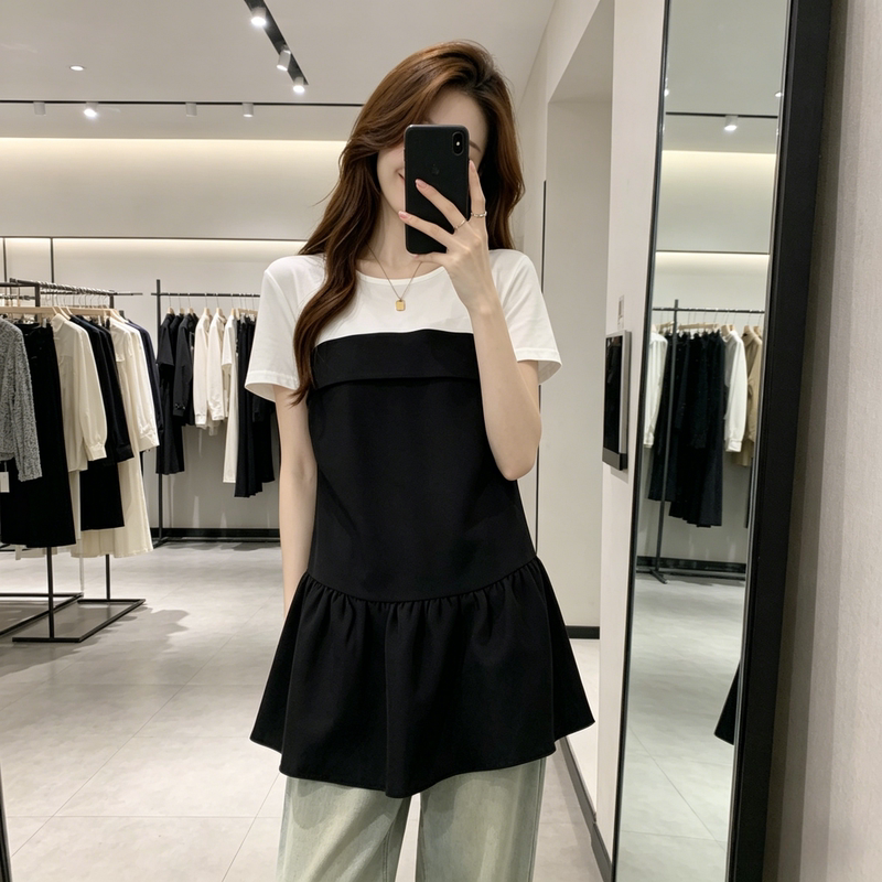 French-Style Round-Neck Faux Two-Piece Youthful Doll Shirt for Women, Plus-Size, Summer Lazy Style, Ruffled Hem, Strapless Top French-Style Round-Neck Faux Two-Piece Youthful Doll Shirt for Women, Plus-Size, Summer Lazy Style, Ruffled Hem, Strapless Top