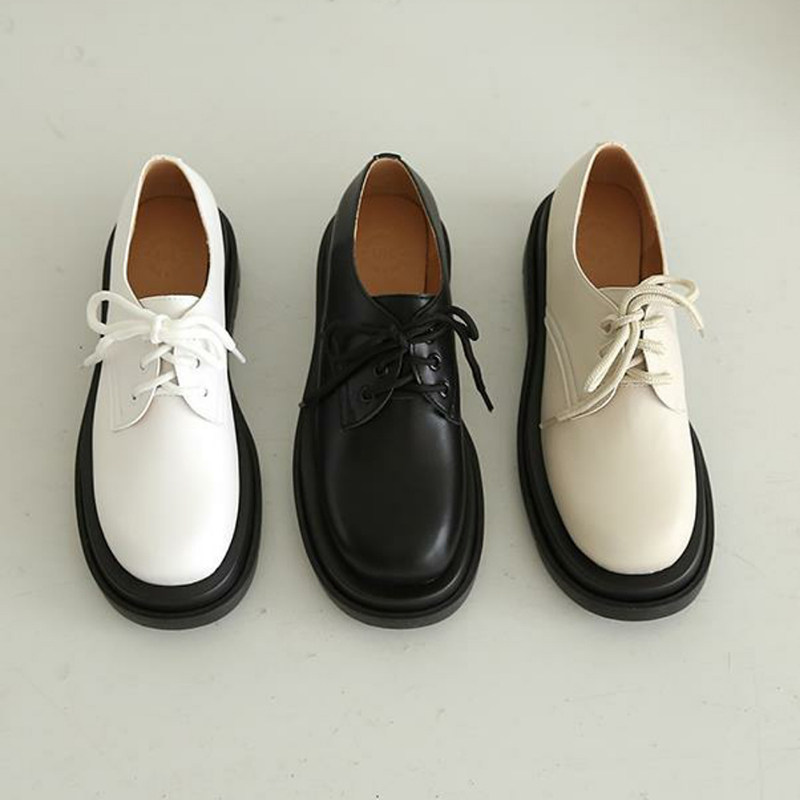 Thick-soled small leather shoes women's retro British style round head lace up small height all-match Korean version flat student shoes