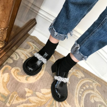 Mary Jane crystal high-heeled leather shoes womens 2021 new student round toe chunky heel loafers big toe doll shoes