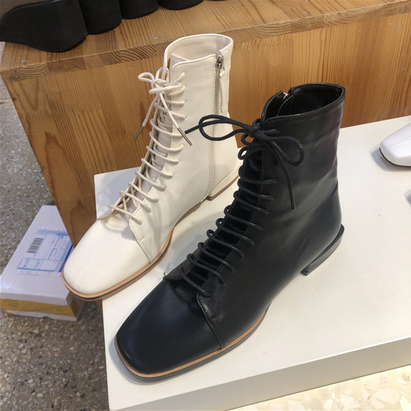 Korean version of Martin boots women's square head lace side zipper flat casual student skinny short boots British motorcycle women's shoes