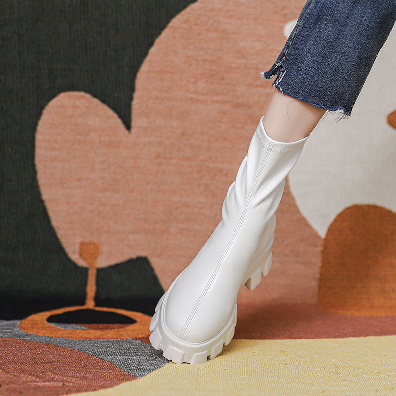 Thick Bottom Short Boots Woman 2022 Round Head Rear Laced Loose rice cake Chelsea boots Korean version heightening elastic boots Thin and thin Martin boots