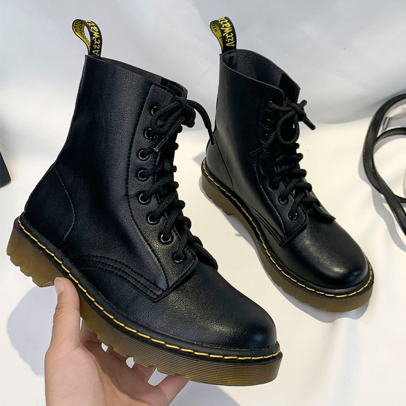 Lychee tattooed octapore dr soft leather 1460 Martin boots female round head lacing flat bottom slim Inron short boots Locomotive Women Shoes