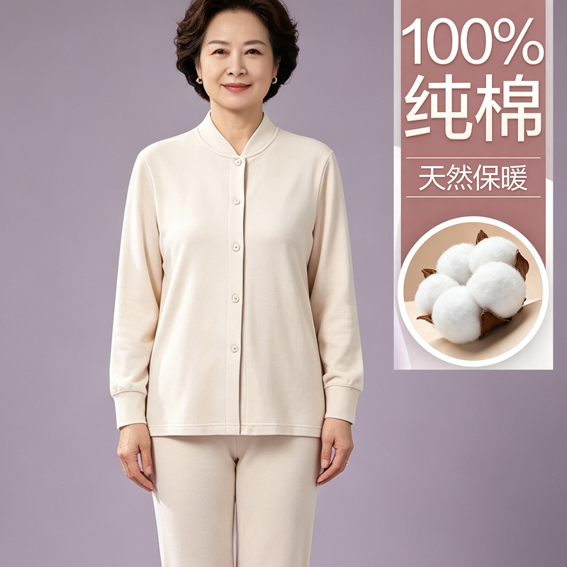 Middle-Aged and Elderly Women's Pure Cotton Cardigan Thermal Underwear with Stand Collar, Front Placket, Spring and Autumn Outfit, Top and Bottom Set Middle-Aged and Elderly Women's Pure Cotton Cardigan Thermal Underwear with Stand Collar, Front Placket, Spring and Autumn Outfit, Top and Bottom Set
