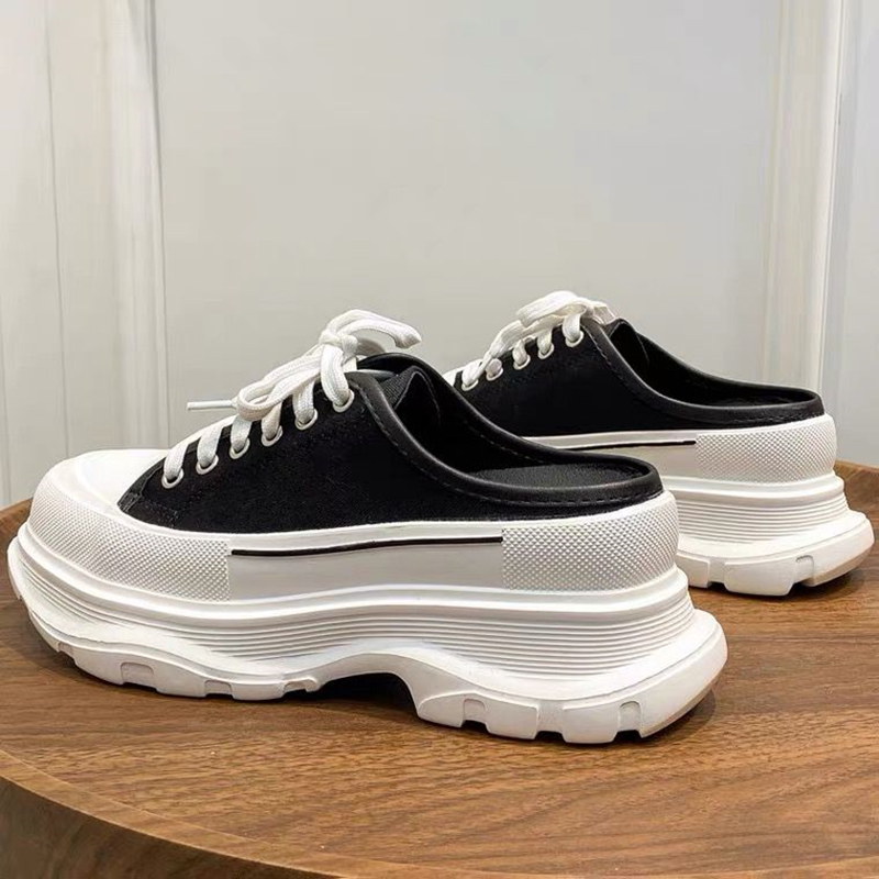 Mcqueen Canvas Shoes for Women, Spring 2025, Thick-Soled Height-Increasing Platform Dad Shoes, Breathable Half-Slipper Shoes for Women