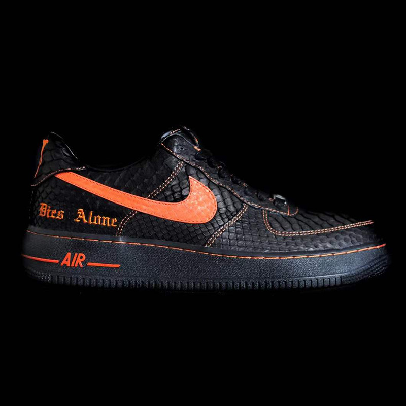 21K Custom Skies Custom Shoes custom AF1 python skin Vlone Black Orange Air Force V white orange snake tattoo low gang made