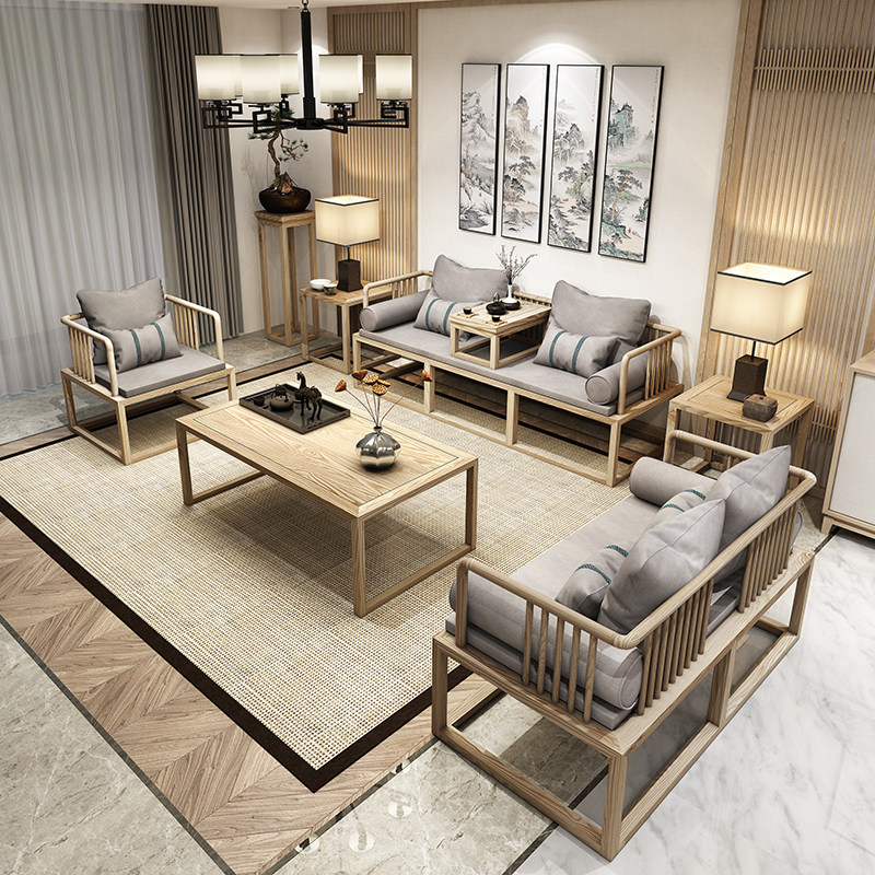New Chinese sofa solid wood small family Type modern minimalist living room Minjuku Chan Seri white wax wood office light and luxurious composition-Taobao