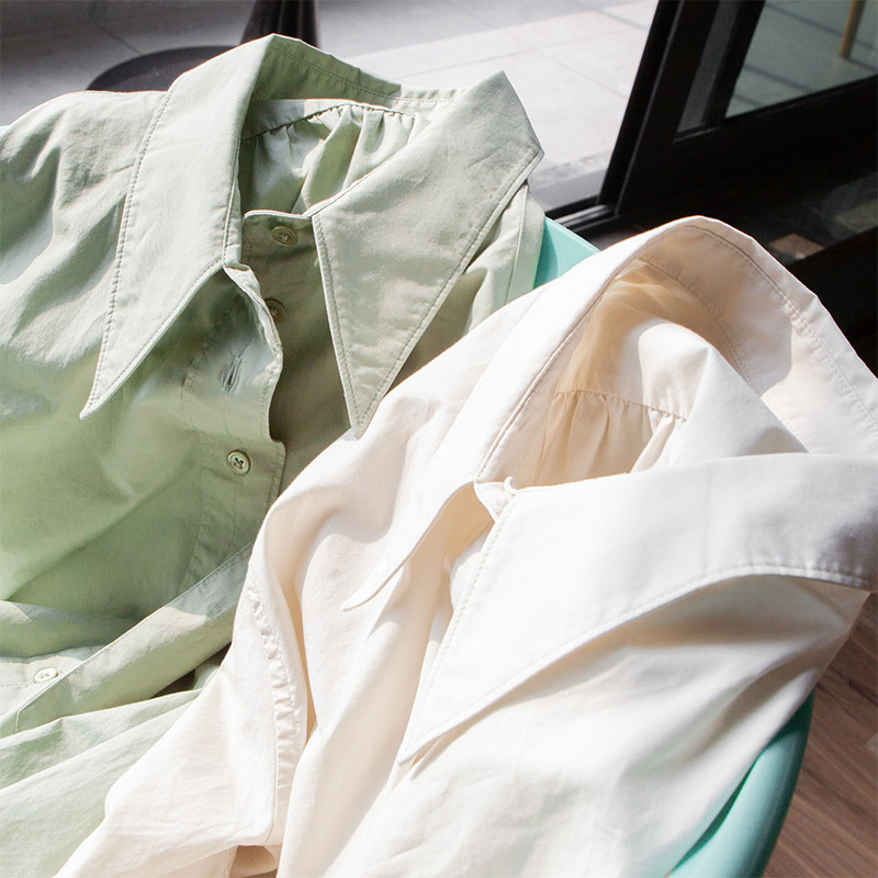 Handsome sharp corner collar base section flip collar long sleeve single pocket mill wool full cotton shirt literary and female shirt spring new