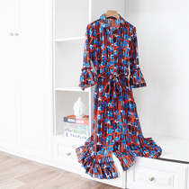 Retro red and blue print shirt collar lace-up waist long lotus leaf lace cake set thin silk dress x