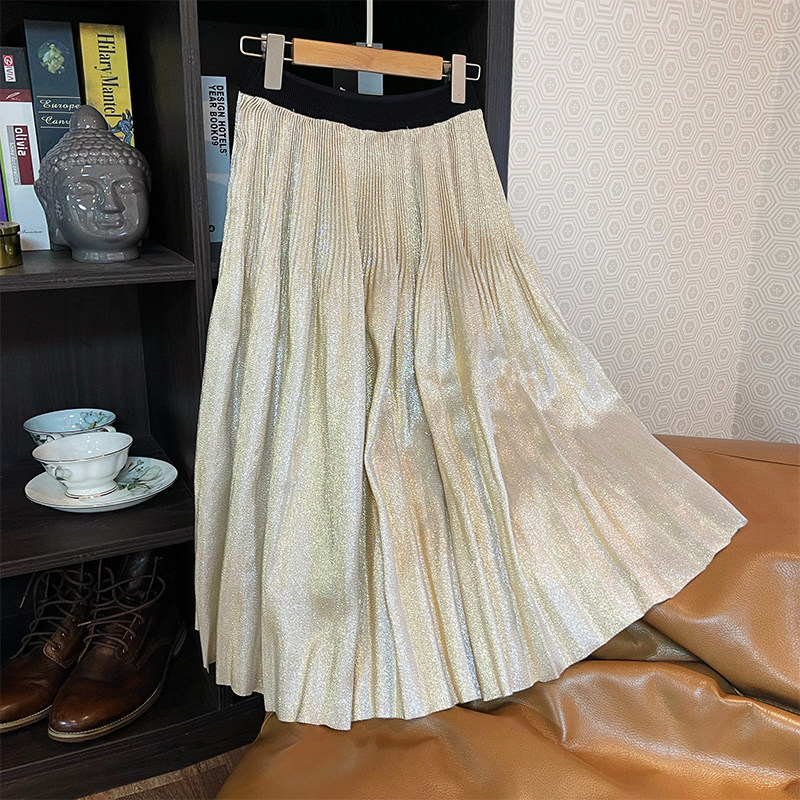 Small number of few pieces of gorgeous shiny layer 100 pleats tightness waist fluffy A word over the knee long version half body dress champagne x