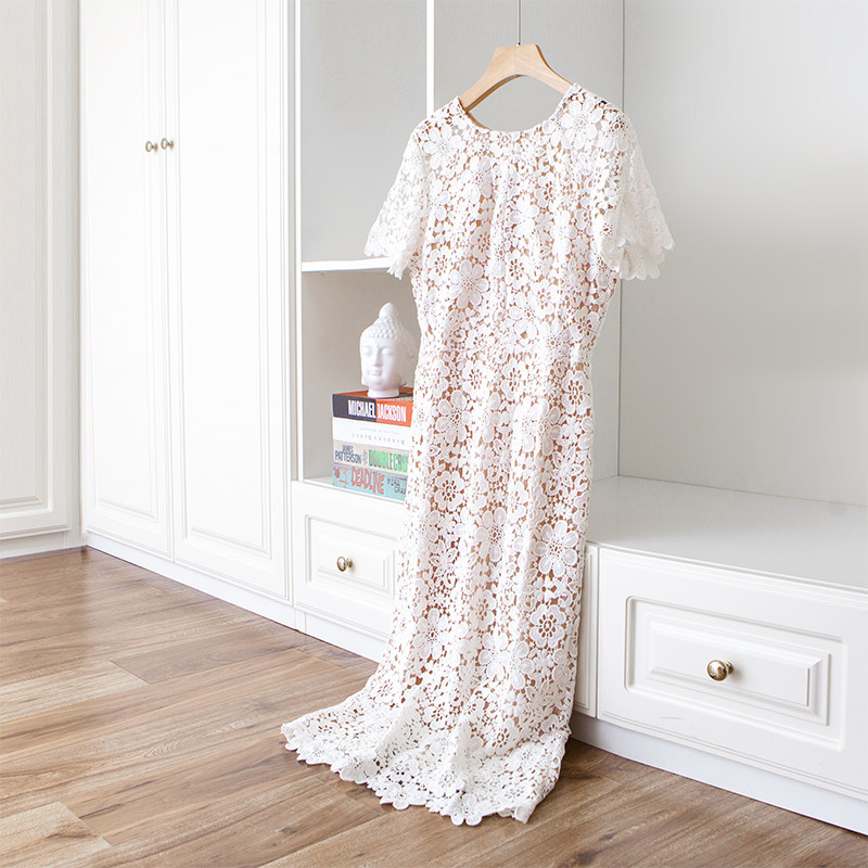 Delicate hollowed-out white flower lace solid length collection waist display slim lengthened short sleeve foreign dress 22 spring and summer
