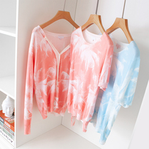 Chunyuan~Fresh and Romantic Coconut Tree Digital Printing Spring Thin Section Knitted Short-sleeved Pullover Long-sleeved Cardigan Female 22