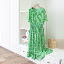 Fan-style fresh and small crushed floral lace with lace round collar tightness to collect waist double crepe genuine silk cake one-piece dress 22 Summer new