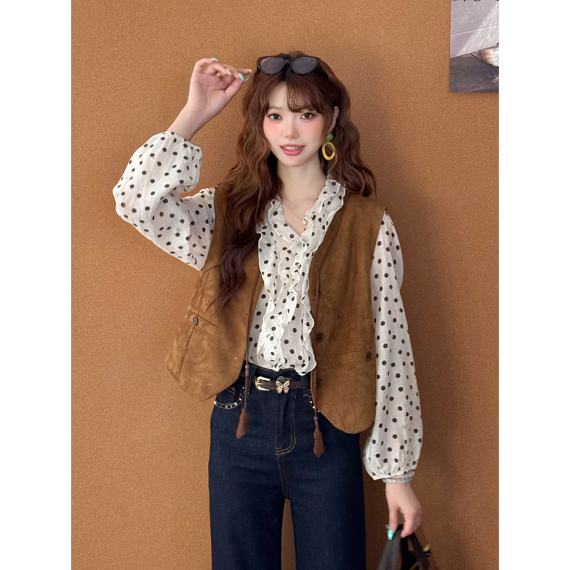 Dayuansad Bag Maillard Retro Suede Vest for Women, Short V-Neck Layering Outerwear for Autumn