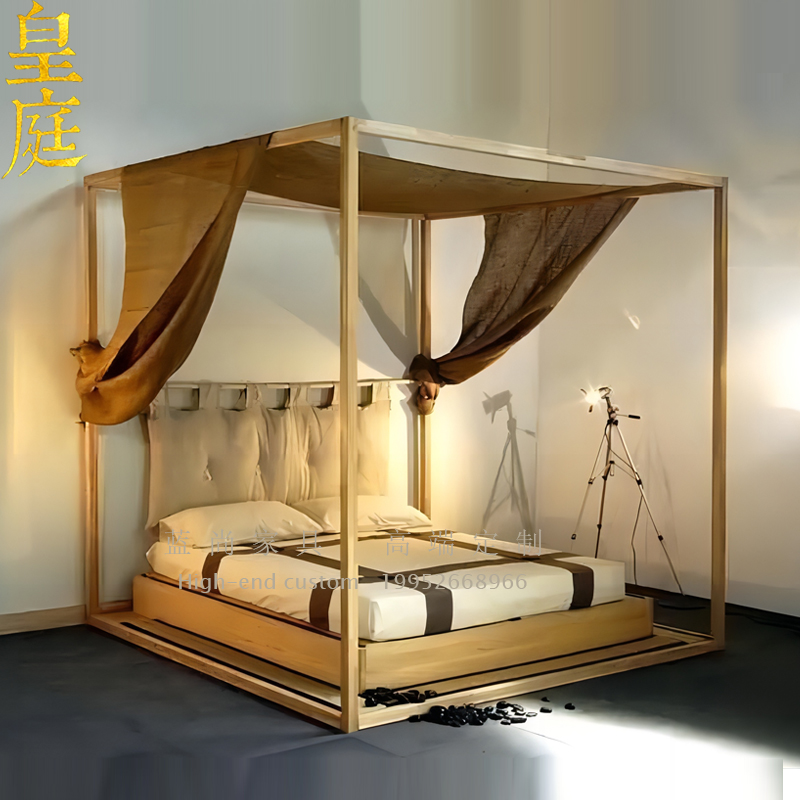 New Chinese Shelf Bed Guest House Hotel Villa Master Bedroom Meditation Four Columns Bed Folk Antique Pillar Bed Furniture Custom-Taobao