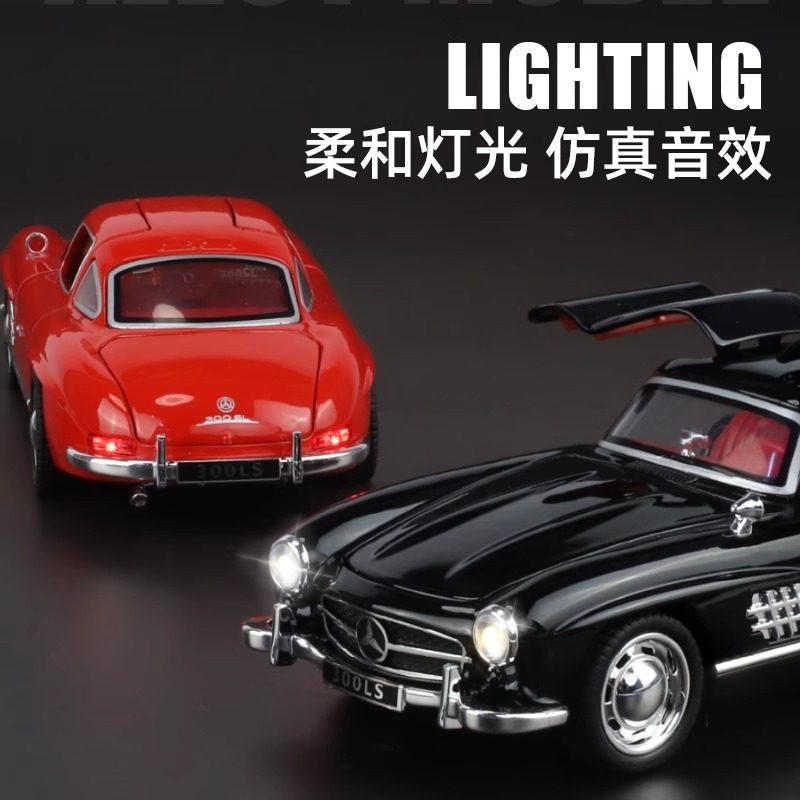 1:24 Mercedes-Benz 300Sl Diecast Model Car with Sound and Light, Benz Alloy 500K Model Pull-Back Simulation Toy Car
