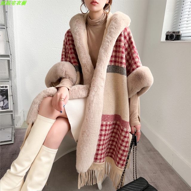 Autumn and winter new loose large fur collar plaid plus velvet thick cape shawl women's woolen coat rabbit fur hooded coat