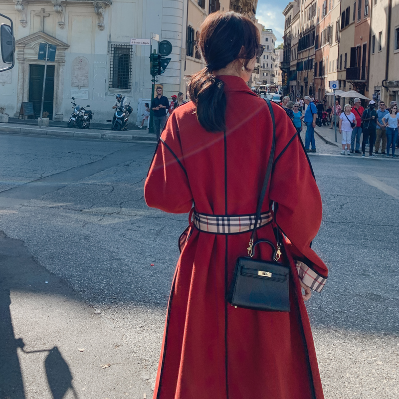 Red woolen coat women's mid-length 2020 winter new Korean version loose long over-the-knee woolen coat trendy winter