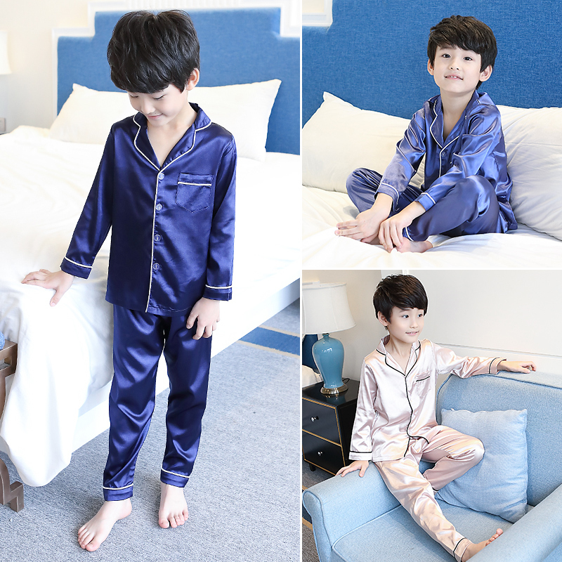 Children's Pajamas, Boys' Home Wear, Thin Long-Sleeved Ice Silk Set, for Older Children, 10-12 Years Old, Spring and Autumn, 15-Year-Old Boys
