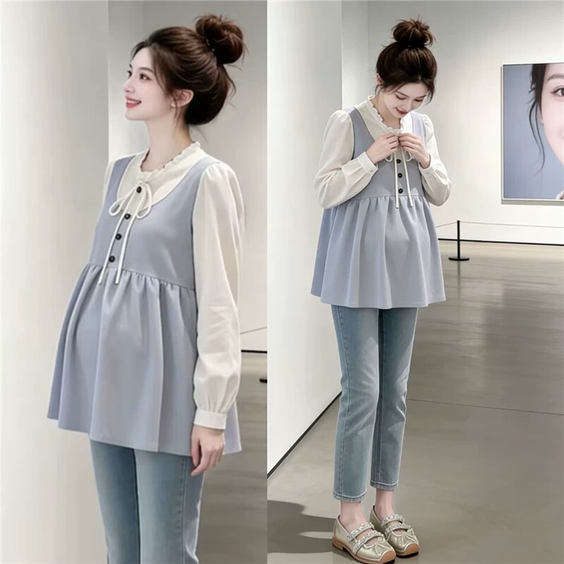 Maternity Wear Korean Style Casual and Stylish Belly-Covering Loose Large Size Babydoll Shirt Fake Two-Piece Long-Sleeved Bottoming Shirt Spring and Autumn Style for Women Maternity Wear Korean Style Casual and Stylish Belly-Covering Loose Large Size Babydoll Shirt Fake Two-Piece Long-Sleeved Bottoming Shirt Spring and Autumn Style for Women