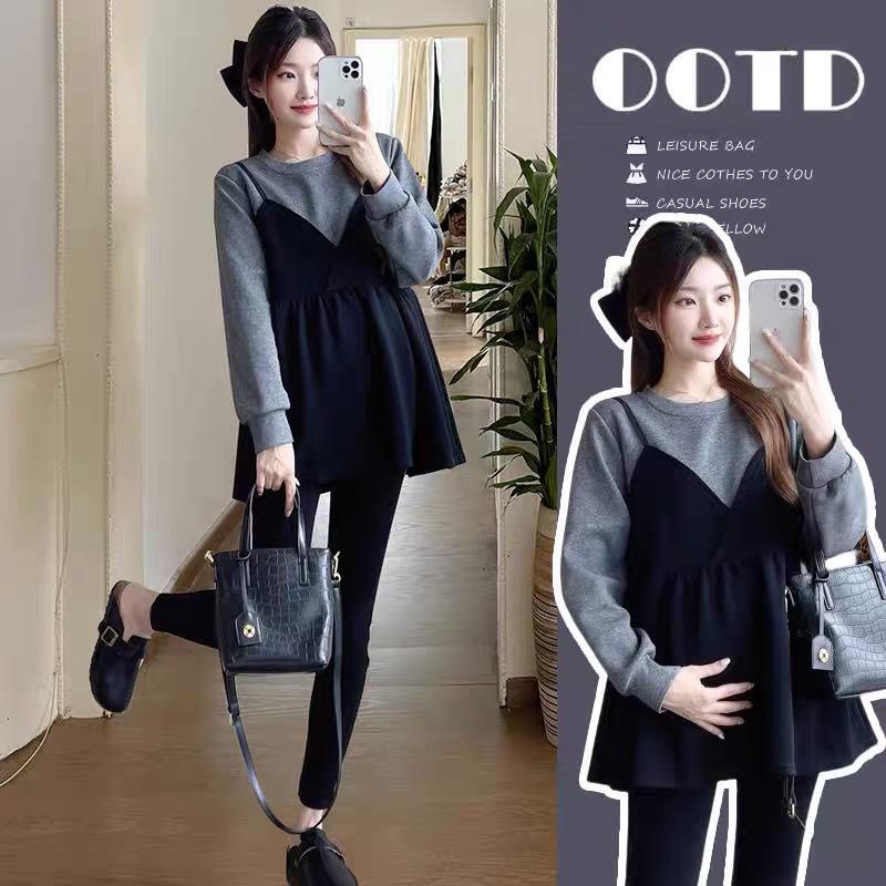Maternity Wear Spring Style Long-Sleeved Fake Two-Piece Patchwork Sweatshirt New Style Petite Plus Size Loose Suit Mid-Length Top