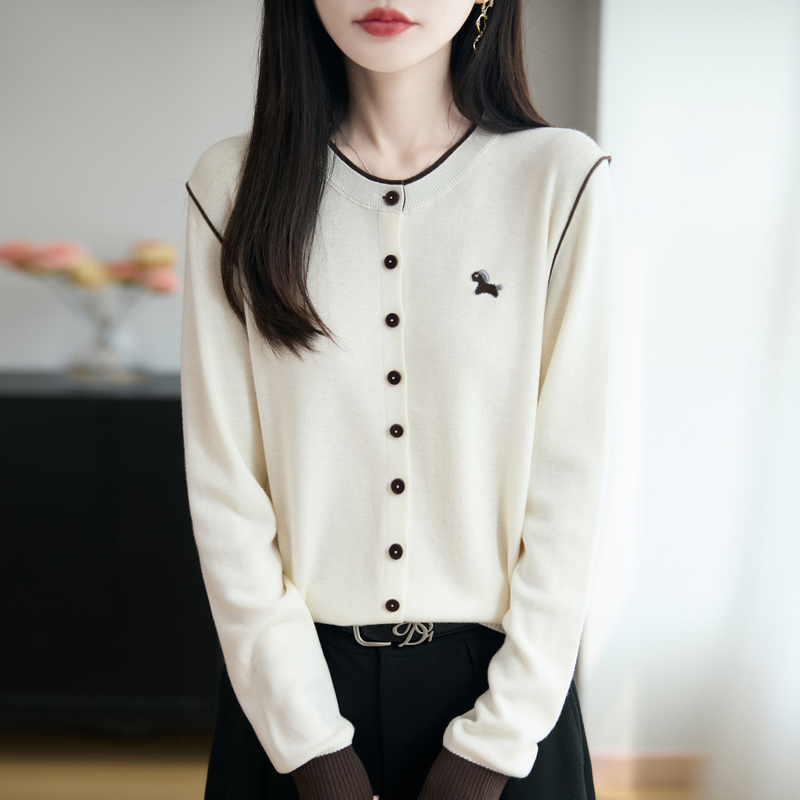 New Fine-Knit Round-Neck Color-Blocked Embroidered Pony Knit Cardigan for Women, Loose Long-Sleeve Sweater Coat, Wool Sweater Top