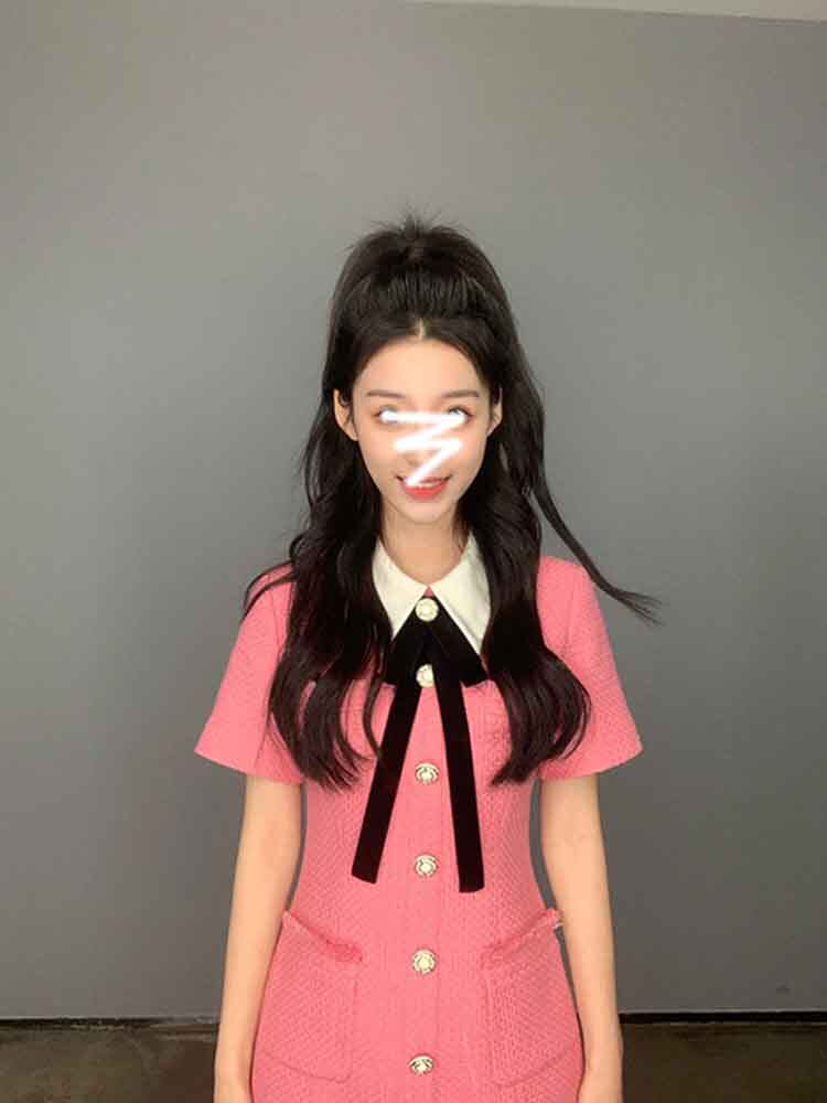 Fa-style retro light extravagant pink Polo collar foreign dress Summer closets slim and small subname Yufeng A character dress