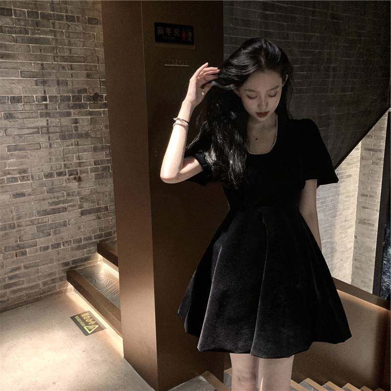 Fan-style pure colour Hepburn small fragrant wind bubbles Sleeves Ocean Dress Summer Do N't Make Unique Golden Velvet Superior Sense Little Black Dress