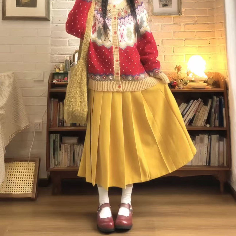 Japanese Retro Ginger Pleated Skirt for Women, Autumn and Winter Dopamine Slimming Mid-Length A-Line Skirt with a Sense of Atmosphere