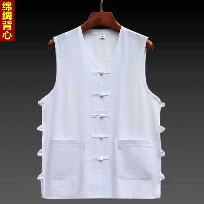 Summer Men's Cotton Silk Sleeveless Vest, V-Neck Tang Suit Jacket Set, Summer Button-Up Old Man's Shirt for Men Summer Men's Cotton Silk Sleeveless Vest, V-Neck Tang Suit Jacket Set, Summer Button-Up Old Man's Shirt for Men