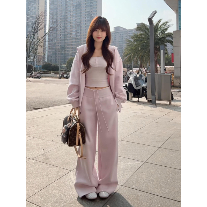 Korean-Style Sweet Pink Sportswear Suit for Women, Spring and Autumn Student Loose Hooded Sweatshirt, Wide-Leg Pants, Casual Two-Piece Set
