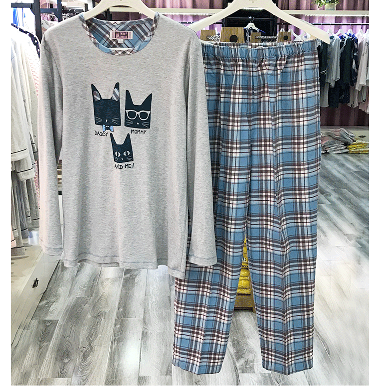 Bộ đồ ngủ đôi tiêu chuẩn Mỹ mùa thu mới kẻ sọc đan bông cotton phục vụ nhà phù hợp với nam 51623 nữ 83106 đồ bộ mặc nhà