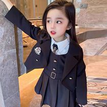 Girl Suit 2022 Spring Dress New Ocean Gas Mesh Red Academy Wind Small Scent Wind Children Suits Suit Dress Three Sets