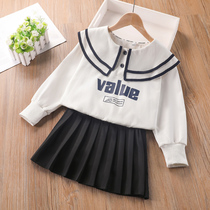 Girl Suit Dress Spring Dress 2022 New Ocean Atmosphere College Wind JK Skirt Children Dress Nets Red Girl two sets