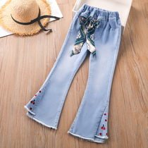 Girl Jeans Small Cherry Breeze Pants 2022 New Spring Dress Little Girl Foreign Air Long Pants Spring Autumn Big Boy Pants