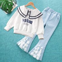 Girls suit summer fit 2022 new big childrens net red trendy little girl T-shirt jeans two sets of thin wave