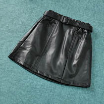 Delivery Belt Girl Leather Dress Spring Autumn Money 2022 Korean version of the new girl Short skirt Children foreign air wearing a half-body dress