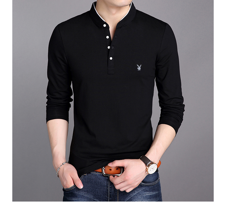 Playboy Mùa Xuân và Mùa Thu Nam Dài Tay Áo T-Shirt Cotton Mỏng Nam Đứng Cổ Áo Slim Trung Niên T-Shirt Áo Sơ Mi