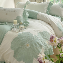 Xiaohongshu recommends sleeping naked princess-style embroidered pure cotton bed sheet and quilt cover four-piece set for bed pure cotton quilt cover and fitted sheet