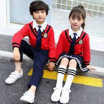  Primary school school uniforms spring and autumn British college style suit Childrens red and yellow class clothes Korean version of kindergarten garden clothes two pieces