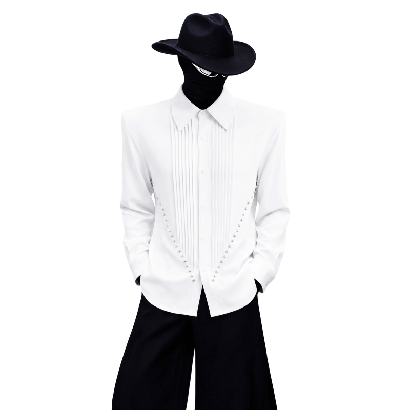 French-Style Design, Accordion Pleats, Waist-Cinching, Studded Long Sleeves, Padded Shoulders, White Shirt, High-End Feel, Unisex Shirt, Versatile French-Style Design, Accordion Pleats, Waist-Cinching, Studded Long Sleeves, Padded Shoulders, White Shirt, High-End Feel, Unisex Shirt, Versatile