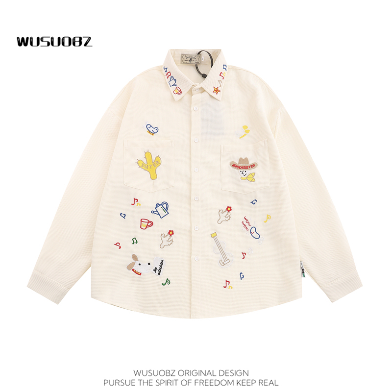 Wusuobz American Retro Cartoon Embroidered Long-Sleeve Shirt for Women, Autumn Waffle Knit Loose-Fitting Couple's Versatile Shirt