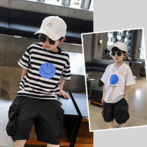  Boys  t-shirt childrens striped short-sleeved pure cotton summer 2021 new childrens clothing Korean version of the big childrens t-shirt tide brand
