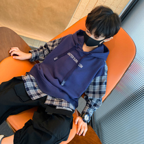 Boy hooded sweatshirt autumn childrens plaid coat 2021 New trendo brand childrens fake two pieces of splicing childrens clothing